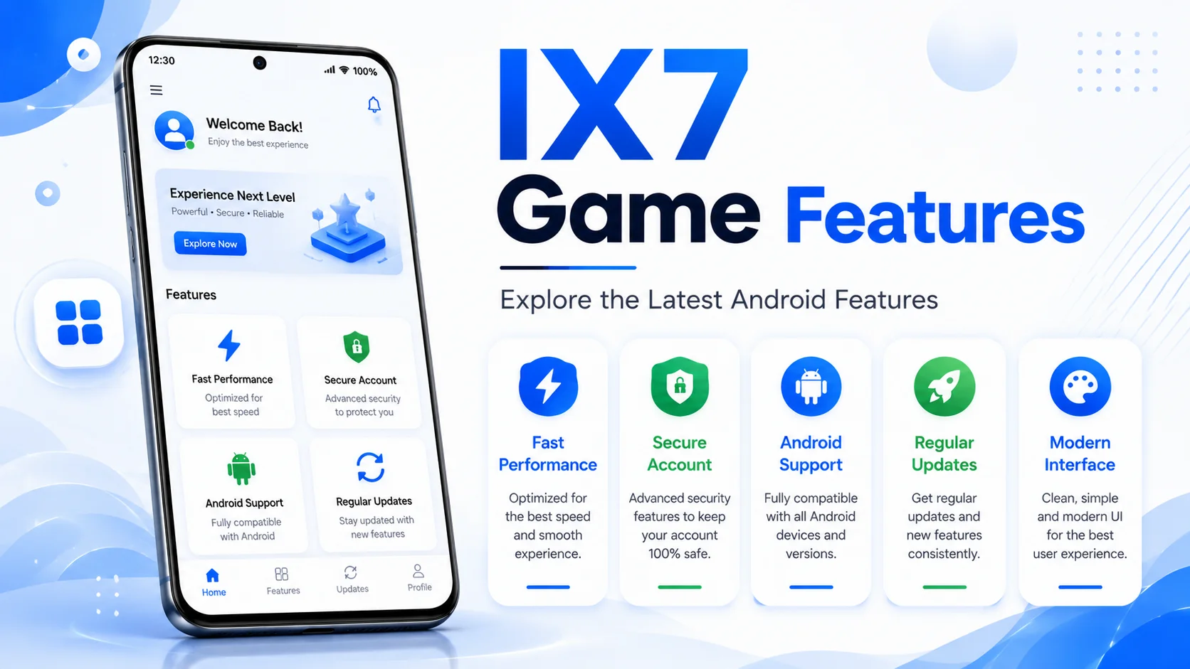 IX7 Game Features page showing the latest Android application interface with modern feature cards.