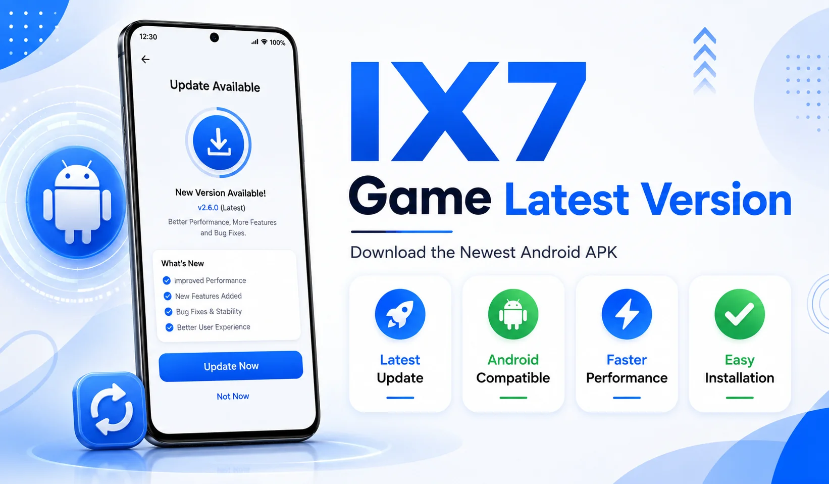 IX7 Game Latest Version showing Android APK update screen with the latest application version.