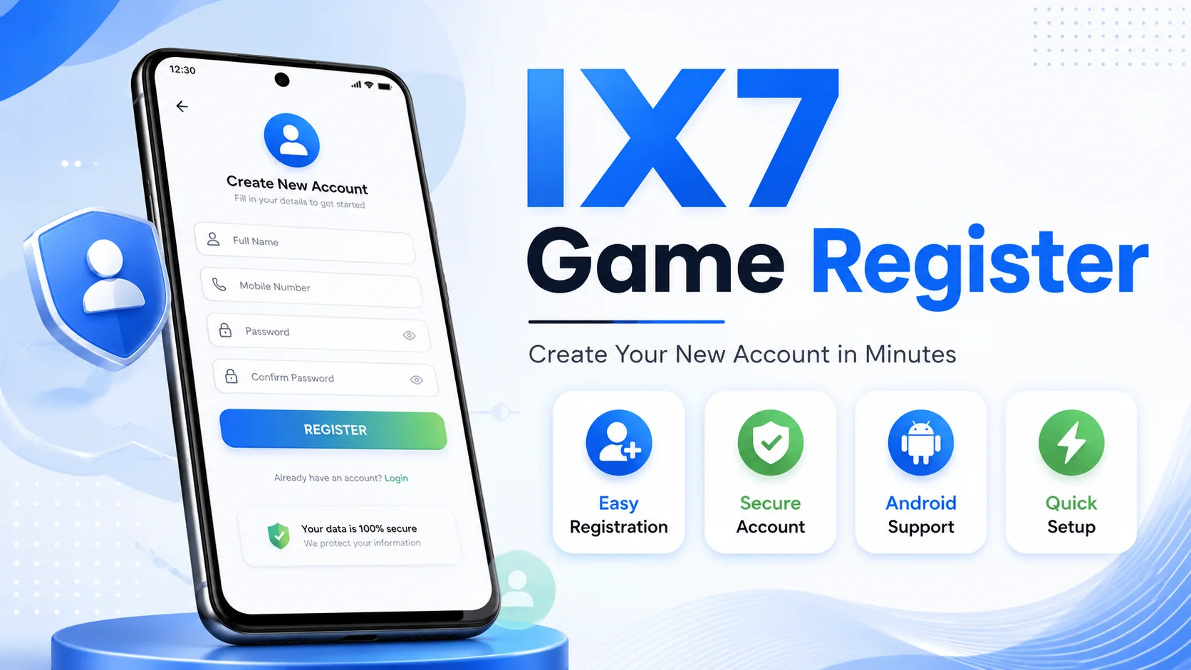 IX7 Game Register page showing the account registration process for creating a new IX7 Game account on Android.