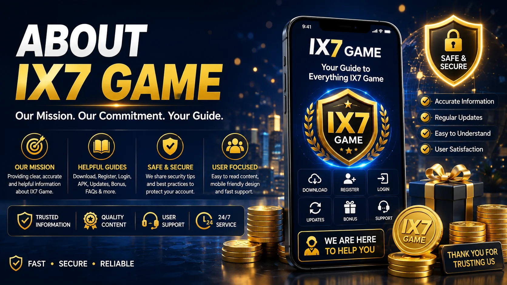 About IX7 Game page showing website mission, user guides, content standards, and helpful resources
