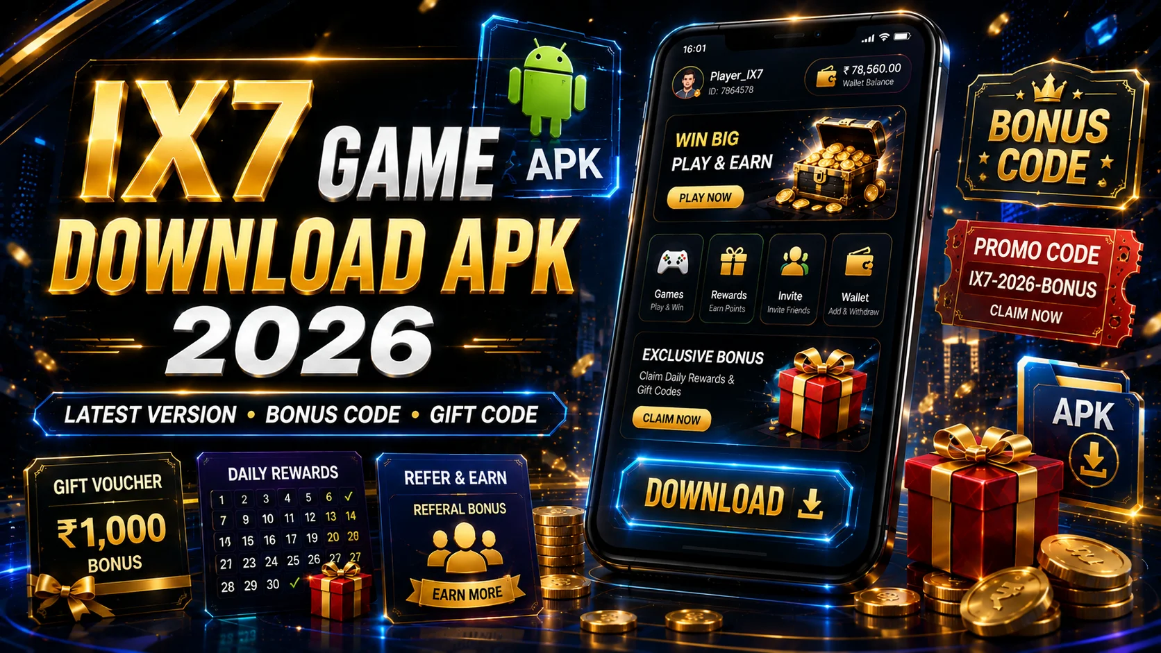 IX7 Game Download APK 2026 showing latest version, bonus code, gift code, Android installation, and official download guide