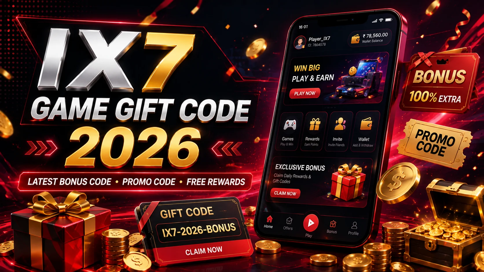 IX7 Game Gift Code 2026 with latest bonus code, promo code, free rewards, welcome bonus, and daily bonus guide