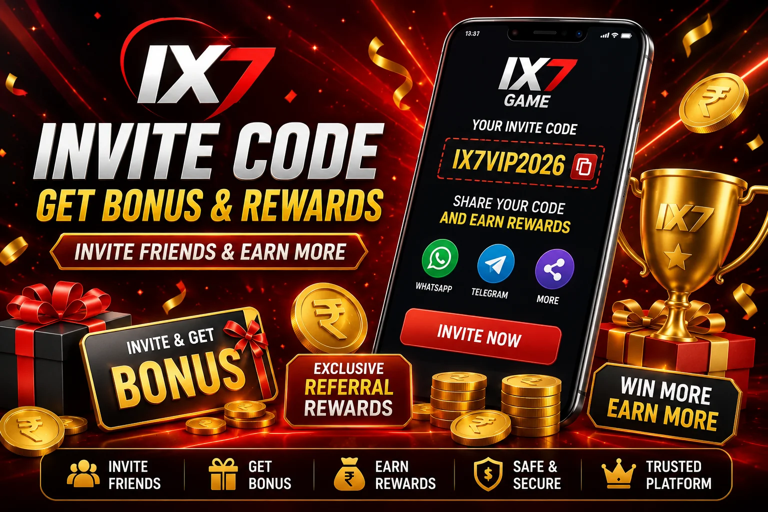 IX7 Game Invite Code guide showing referral code, bonus information, and registration process