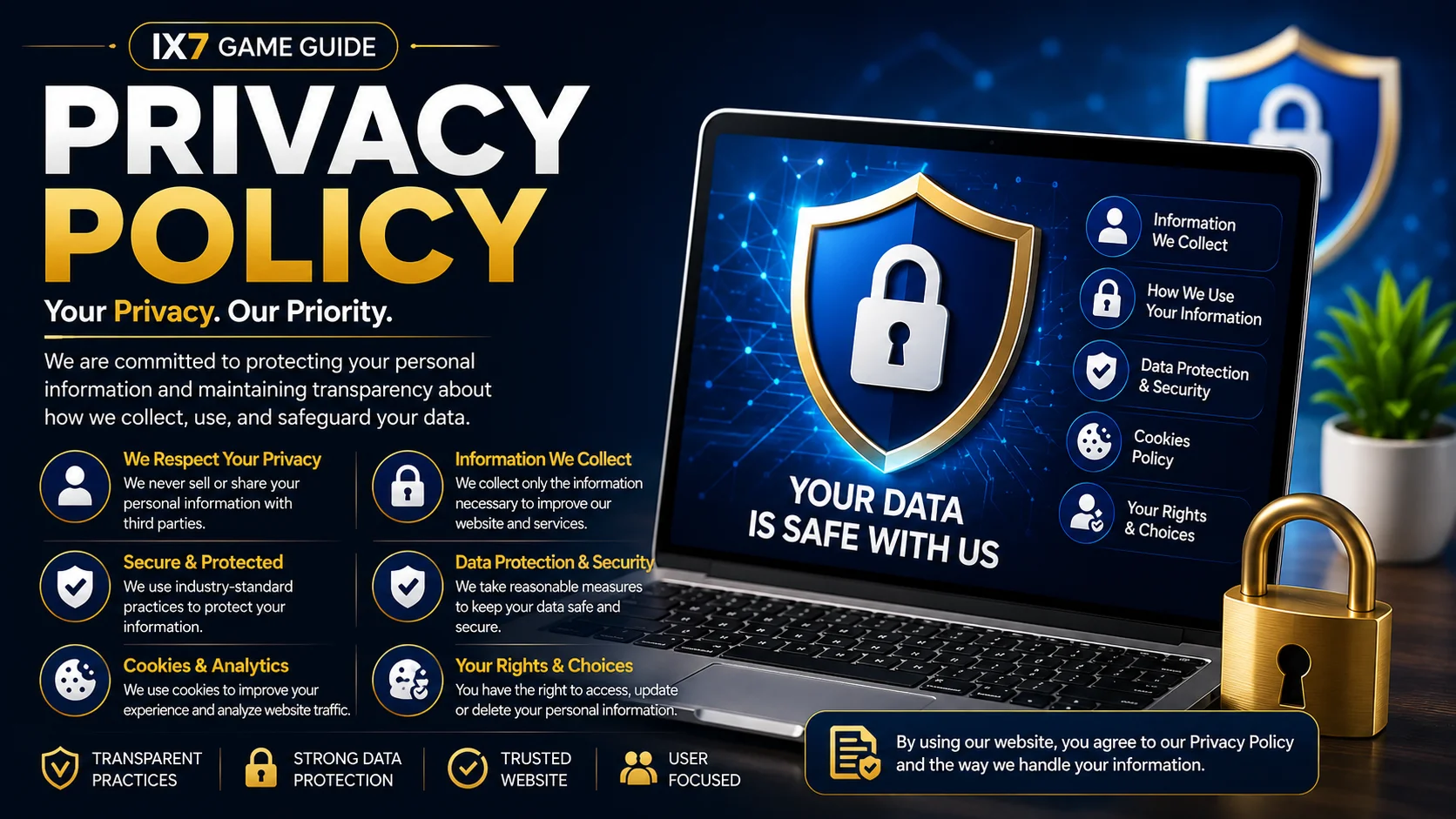 Privacy Policy page for IX7 Game Guide explaining data protection, cookies, user privacy, and information security